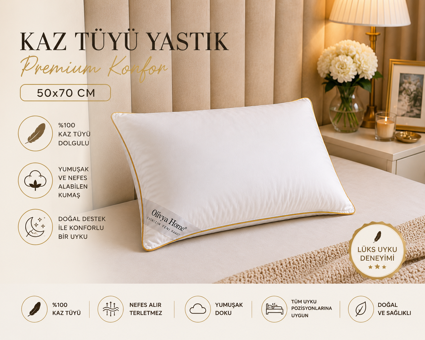 %100 Kaz Tüyü Yastık 20 Gıdık 50x70 Stark - Biyeli